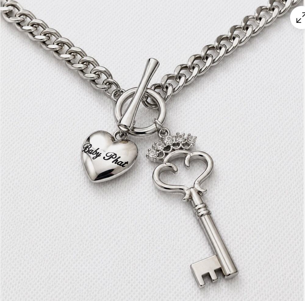 y2k Baby Phat Chain Link Toggle Necklace Key Heart Charms Rhinestones Valentines